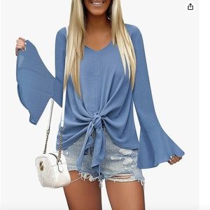 Long sleeve V neck Blouse with Bell sleeves and front knot M